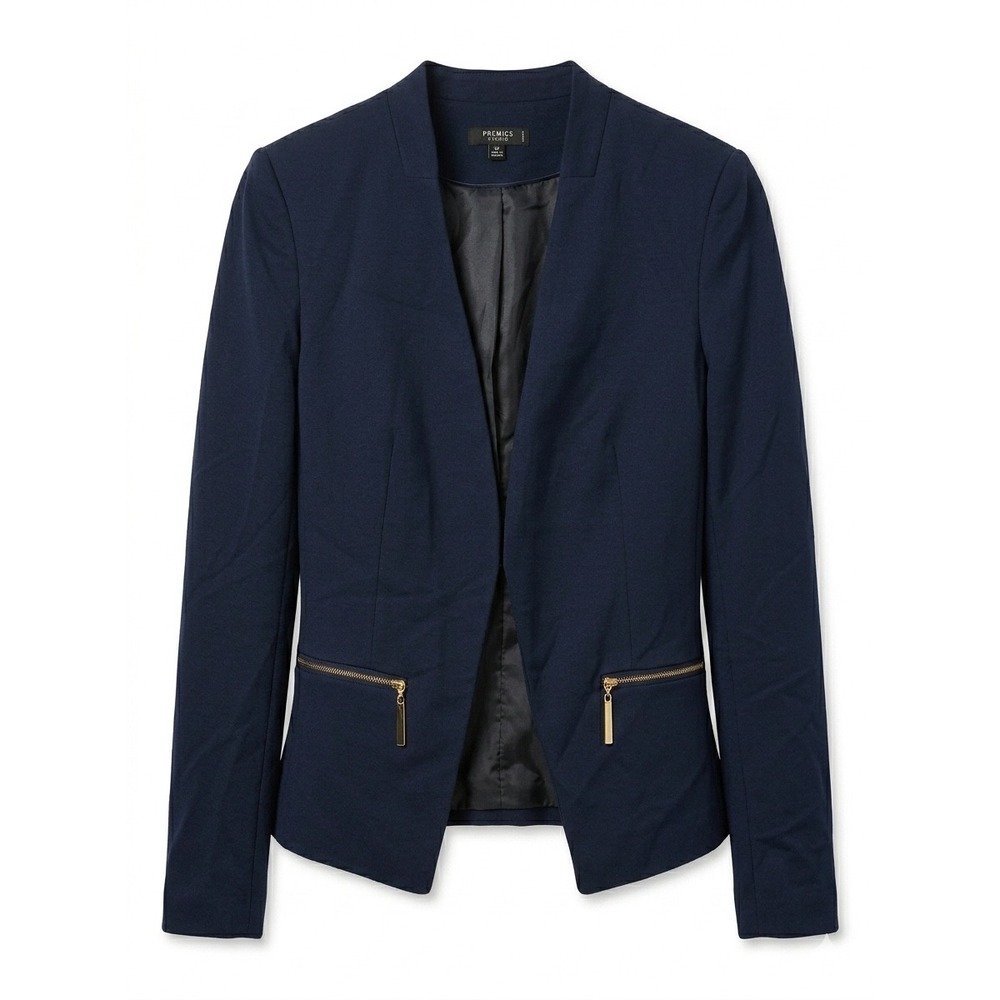 Premise Studio Womens 6P Navy Blue Open Front Blazer Gold Zip Pockets Petite